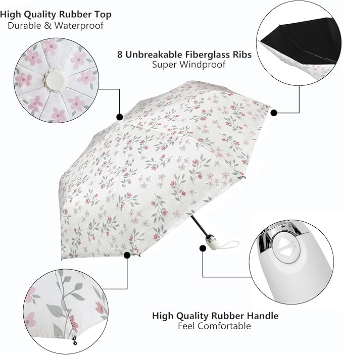 Cuby UV Sun Umbrella Compact Folding Umbrella lightweight Portable Manual Travel Umbrella for Rainproof & 99% UV Protection with Black Anti-UV Coating