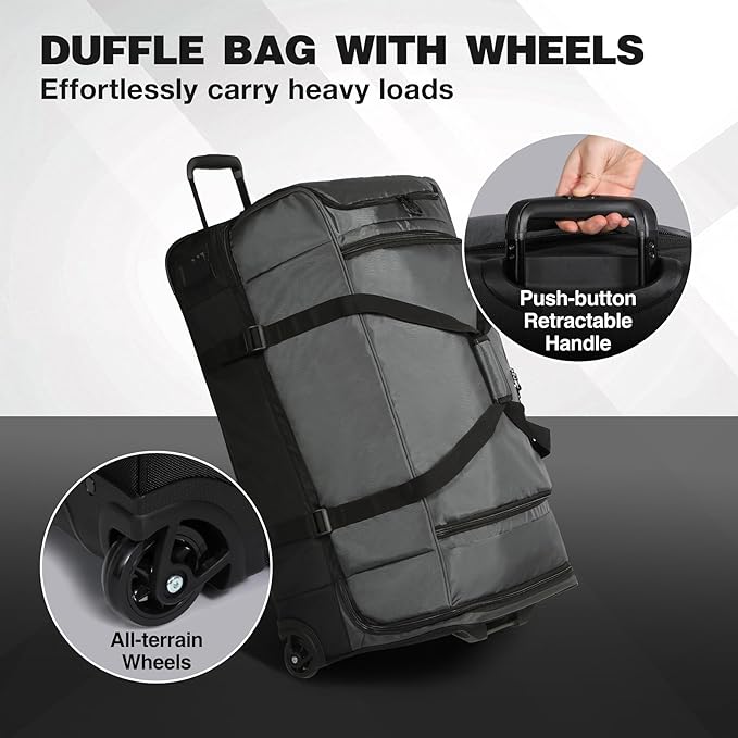 REDCAMP Large Rolling Duffle Bag with Wheels and Handle, 30-Inch Durable Heavy Duty Wheeled Travel Duffel Luggage, 2 Layers of Space
