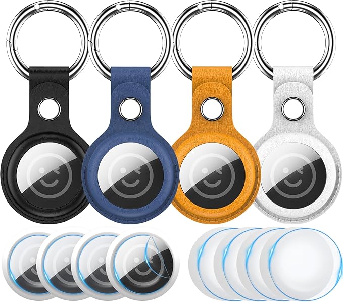 RFUNGUANGO Airtags Holder Keychain Keyring, 4 Pack Leather Case Cover for Women Men Kids with Apple Air Tag GPS Tracker Item Finders-Black,Yellow,Blue,White
