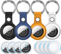 RFUNGUANGO Airtags Holder Keychain Keyring, 4 Pack Leather Case Cover for Women Men Kids with Apple Air Tag GPS Tracker Item Finders-Black,Yellow,Blue,White