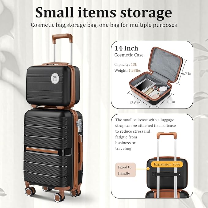 Campfun Luggage 4 Piece Sets, Expandable Carry On Luggage Set Hardshell PP, Suitcase Set with Double Spinner Wheels, Checked Durable Lightweight with TSA Lock, 14in 20in 24in 28in-Black Brown(A)