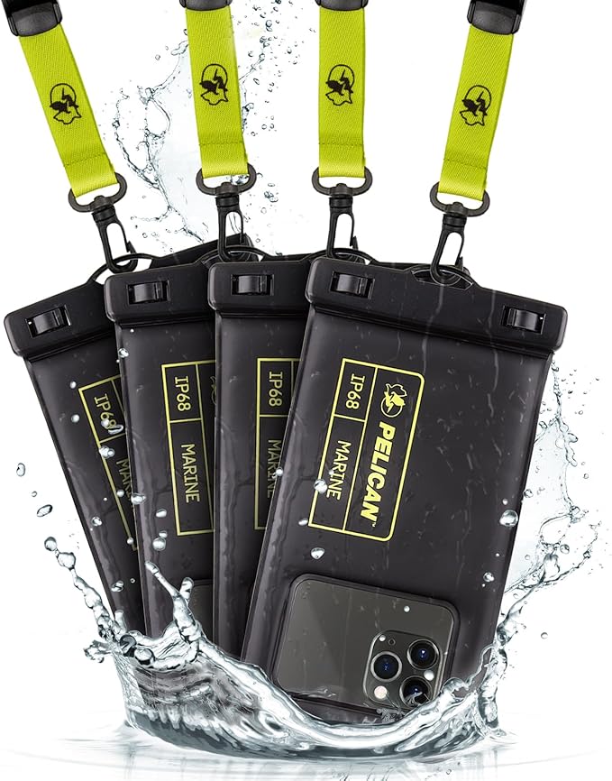 Pelican 4 Pack Marine - IP68 Waterproof Phone Pouch (Regular Size) Floating Waterproof Phone Case - Beach Cruise Ship Travel Essentials - Works w/All Phones - Detachable Lanyard - Black/Hi-Vis Yellow