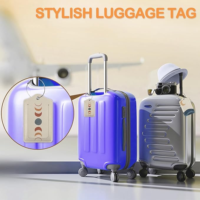 Minimalist Sunset PU Leather Luggage Tags for Suitcase, Modern Moon Travel Cruise 3 Pack with Privacy Flap, Name ID Label and Metal Loop for Women Men Girls Baggage Bag Backpack