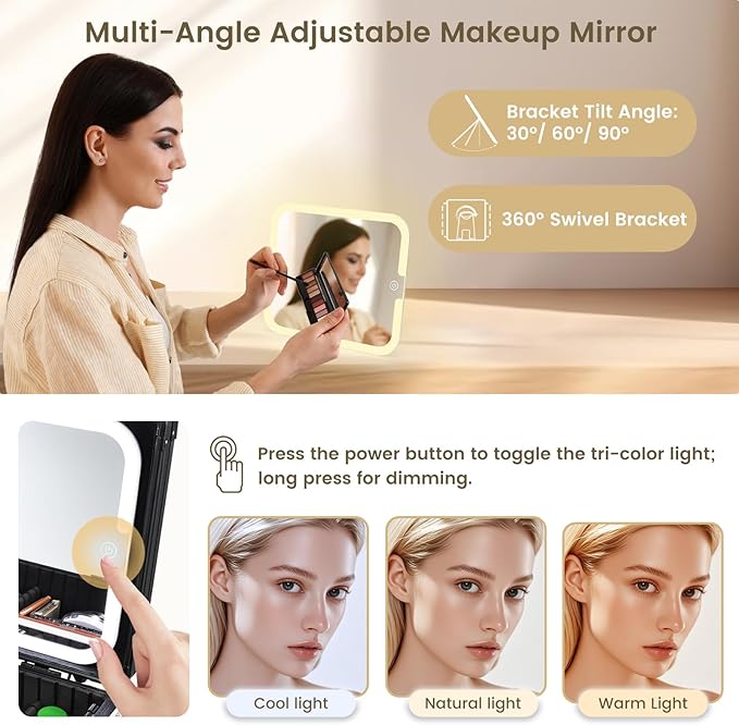 Makeup Case with Magnetic Lighted Mirror Makeup Organizer Box Travel Cosmetic Case with 3 Colors LED Mirror Portable Vanity Make up Suitcase with Lockable Keys Dividers Brush Holder, Black