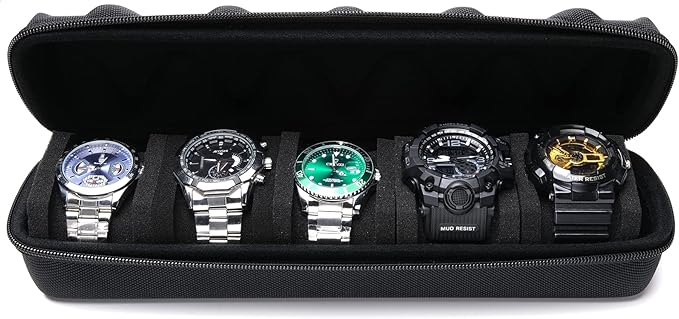5 slots Hard men's watch travel case, Portable zipper storage organizer box with soft compressible foam pillow to fit large and small watches(Black, 5slot)