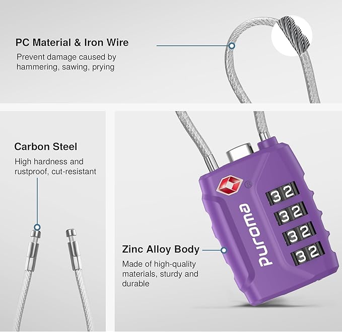 Puroma 2 Pack TSA Approved Luggage Locks, 4 Digit Combination Travel Locks Resettable Code Lock with Zinc Alloy Body for Suitcase, Toolbox, Backpack, Bag, Gym Locker (Purple)
