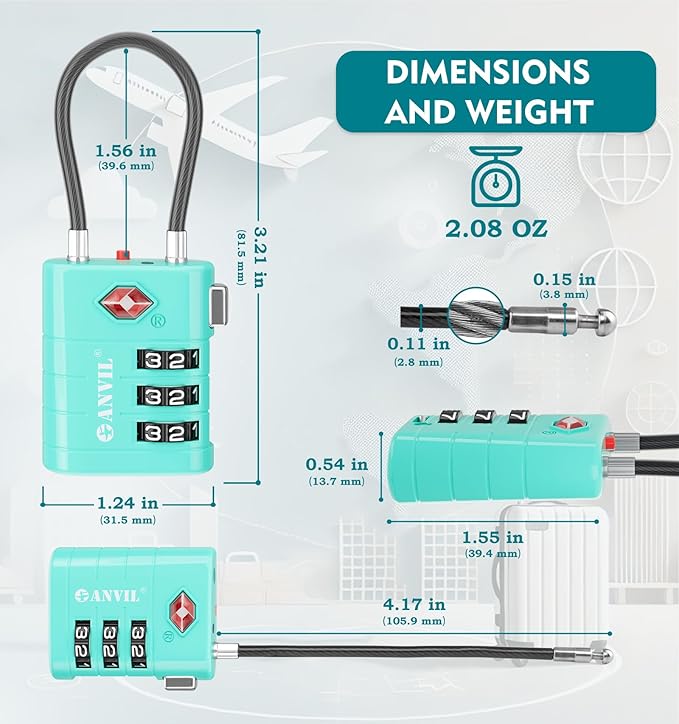 ANVIL TSA Approved Luggage Locks – High Security TSA008 Combination Travel Locks with Inspection Indicator for Suitcases and Backpacks. (4, Cyan)