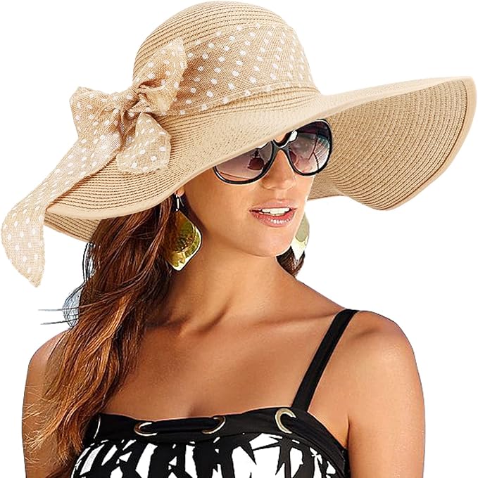 DRESHOW Beach Hats for Women Big Straw Wide Brim Summer Hat Floppy Foldable Roll up Cap Sun Hat UPF 50+