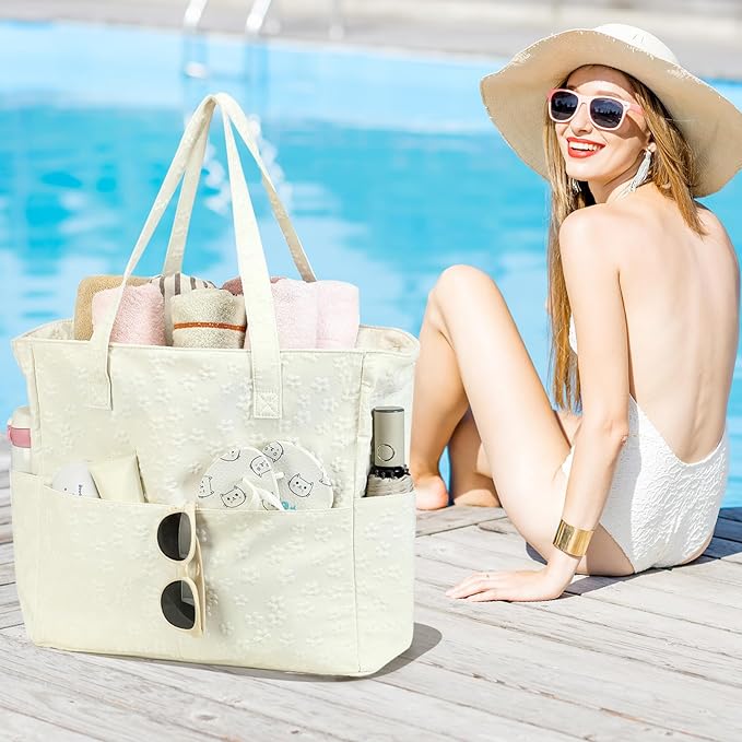 LEDAOU Large Beach Tote Bag Women Waterproof Sandproof Zipper Beach Tote Bag for Pool Gym Grocery Travel with Wet Pocket