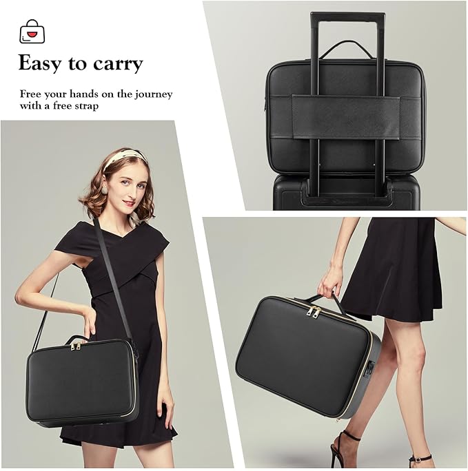 Extra Large Makeup Bag with LED 1X5X10X20X30X Magnifying Mirror and Travel Makeup Train Case Cosmetic Organiser with Mirror and Separate Makeup Brush Panel, Portable Adjustable Divider,Black-XL