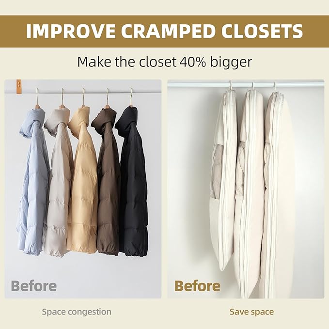 2 Pack Space Saving Garment Bag with Self Compression Zipper, Garment Bags for Hanging Clothes, Compression Bags for Storage, Hanging Garment Bag for Coats and Down Jackets (M, Beige)