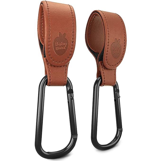 Baby Uma Stroller Hooks for Bags (2 Pack) - Leather-Style Stroller Clips and Hooks, Non-Slip Stroller Accessories, Carry 11 lbs Per Stroller Hook, Universal Baby Essentials & Stroller Accessories