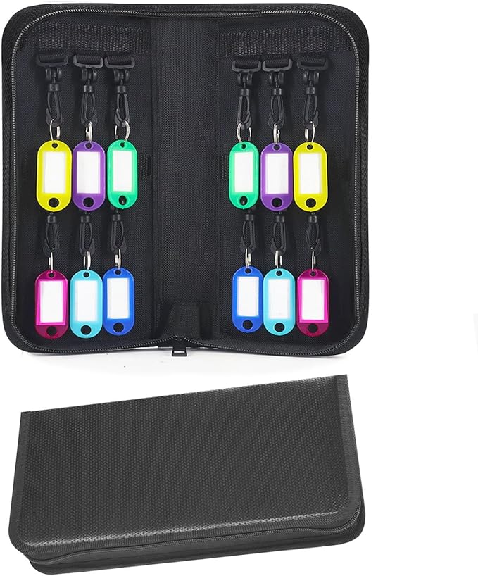Portable Zippered Key Organizer, Fireproof & Waterproof Key Case with 12 Key Hooks & Tags, Portable Key Storage Organizer for Real Estate Sales,Hotel Executives, Car Service