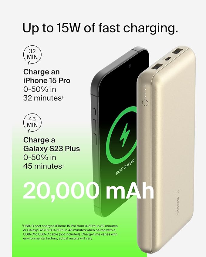 Belkin Portable Charger, USB-C Power Bank 20000 mAh w/ 2xUSB-A Ports, 15W w/Type-C to Type-A Cable for iPhone 16, 15, Samsung Galaxy S25, Pixel, iPad, Nintendo Switch 2, Google Pixel 10, etc. - Gold