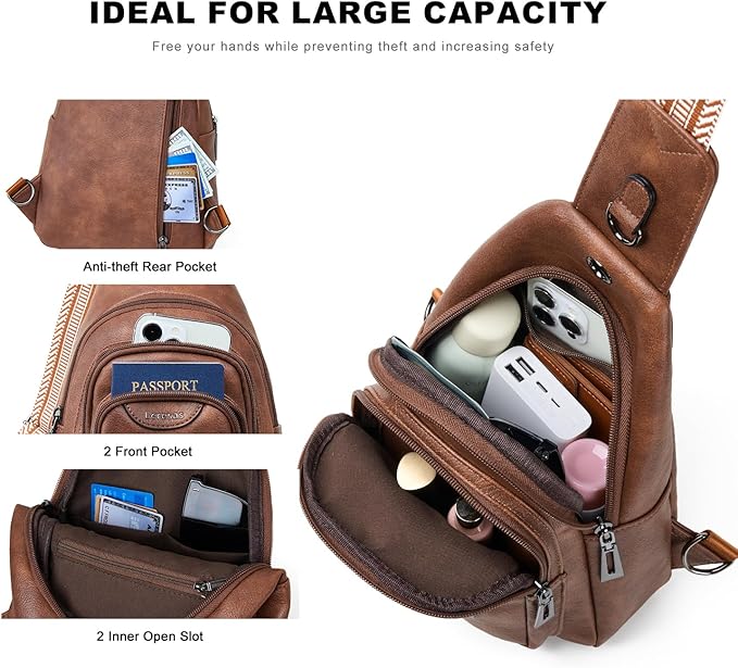 10L Crossbody Sling Bag for Women Men Anti Theft Cross Body Fanny Pack Belt Bag Purse Gifts for Women Faux Leather, Brown