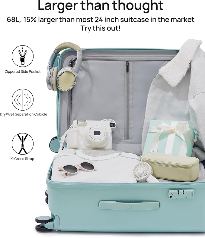 Trunk Luggage 22 Inch, Small Checked Luggage with Double Spinner Wheels, Dry Wet Separate Design, PC Hard Case Suitcase, Lightweight Travel Luggage, TSA Approved (Mint Green, Danube)