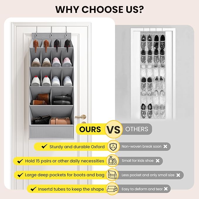 Over the Door Shoe Organizer for Closet, Shoes Rack for Closet with 15 Large Pockets, Hanging Shoe Organizers for Boot Storage, Behind the Door Narrow Shoe Holder for Small Shoes, Grey