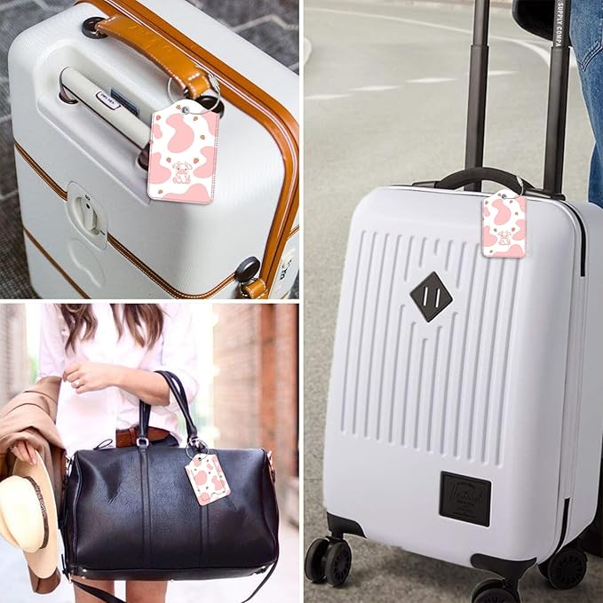 Fintie Luggage Tags, Privacy Cover ID Label with Stainless Steel Loop and Address Card for Travel Bag Suitcase - Strawberry Cow (2 Piece)