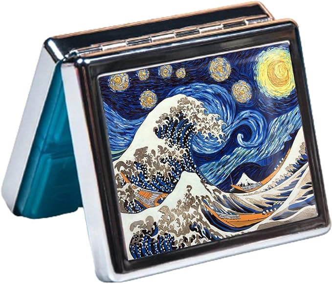 Silver Vintage Pill Box 7 Day Metal Pill Box with Mirror and 8 Compartments Cute Travel Pill Organizer for Purse (The Great Starry Wave)