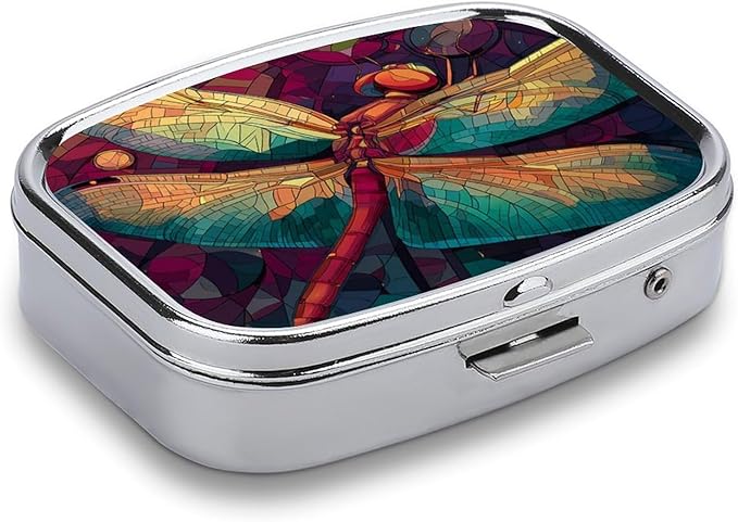 Metal 2 Compartment Pill Organizer Travel Friendly Portable Compact Pill Box Cute Pill Case,for Pocket Wallets Daily Portable Medicine Vitamin Tablet Storage (Dragonfly)