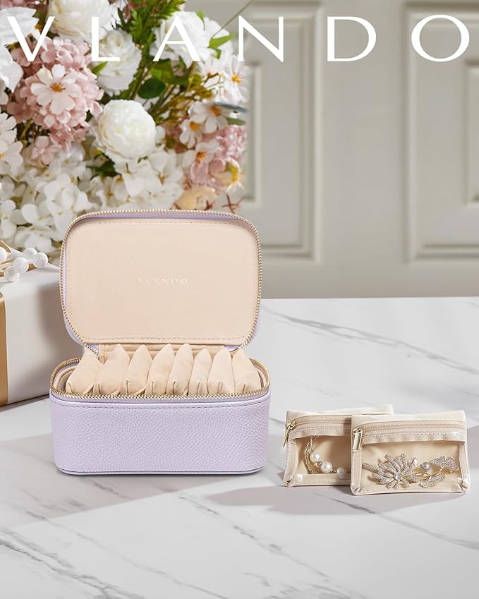 Vlando Travel Jewelry Case with 8 Velvet Jewelry Bags Travel Jewelry Storage Box Jewelry Organizer for Necklace Rings Earrings Teen Girls Gifts Trendy Stuff -Purple
