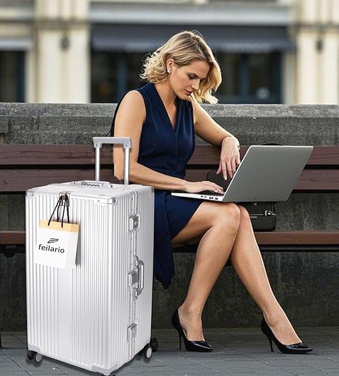 feilario 30in Super Large Captain Aluminum Frame Hardside Spinner Wheels Luggage, Zipperless Checked Suitcase with Cup Holder/Phone Holder