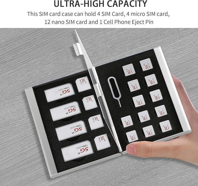 Aluminum SIM Card Case, 21Slots Ultrathin SIM Card Holder, Fit for 4 SIM Card, 4 Micro sim Card, 12 Nano sim Card and 1 Cell Phone Eject Pin Slots, Silver