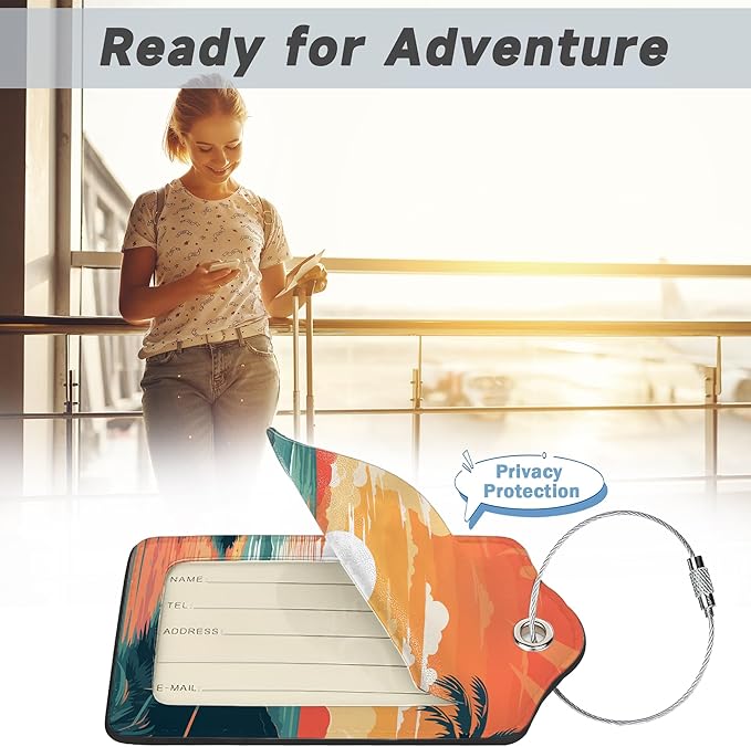 Sunset Beach Summer Luggage Tags, 2 Pack Travel Cruise Tags for Suitcases, Cute Identifiers with Privacy Flap, Baggage Tags for Women Men Handbag