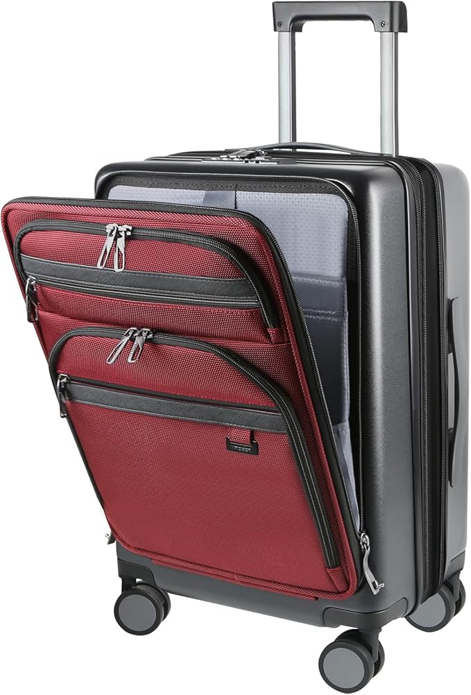 KROSER Hardside Expandable Carry On Luggage 22x14x9 Airline Approved With Front Business Pockets, 20 Inch Suitcases with Wheels, Carry on Suitcase with TSA Lock & USB Port, Black-Dark Red