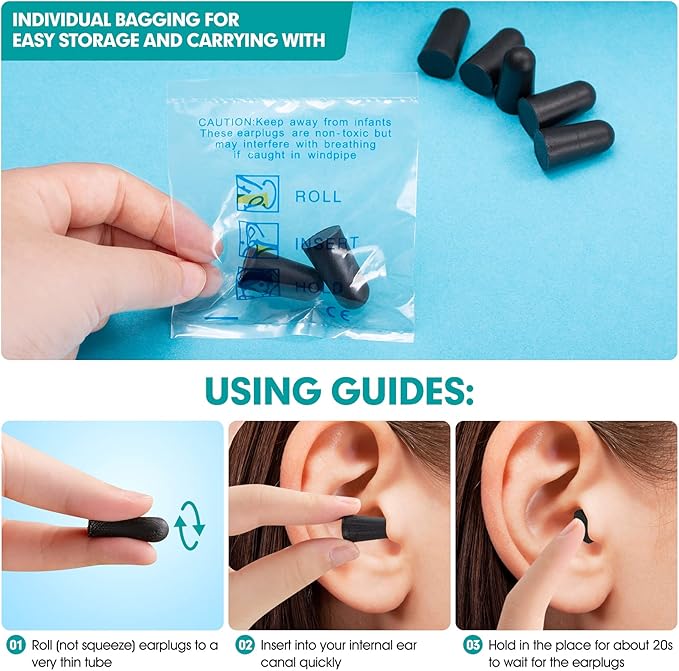 200 Pairs Earplugs for Noise Cancelling Individual Bagged Foam EarPlugs for Sleeping Work Snoring Sound Blocking Construction Loud Noise Reducing Earplugs Black Color