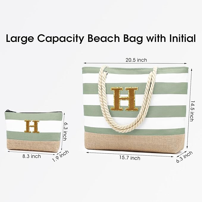 Becokan Beach Bag Initial Beach Tote with Makeup Bag for Travel Work Storage Personalized Birthday Gifts for Women Her