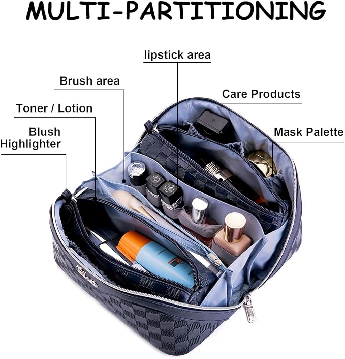 Travel Makeup Bag Organizer Cosmetic Bag: 3 Pcs Set Make up Bags for Women with Handle - Waterproof Vegan Leather Toiletry Bags with Comparments (C-12-Dark Blue)