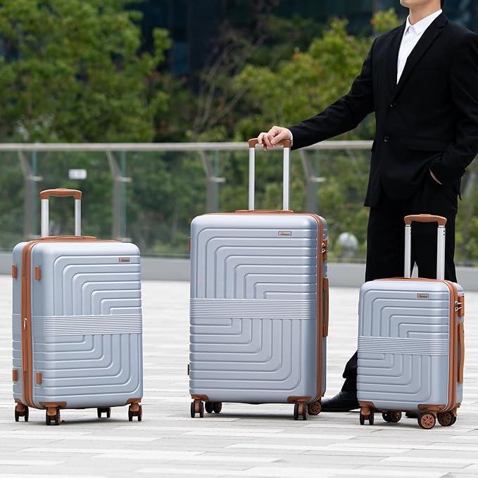 Romswi Luggage Sets 3 Piece Expandable PC+ABS Suitcases, Durable Hardshell Lightweight Suitcase Set with TSA Lock Dual Spinner Wheels, 21/24/28 Inch, Silver