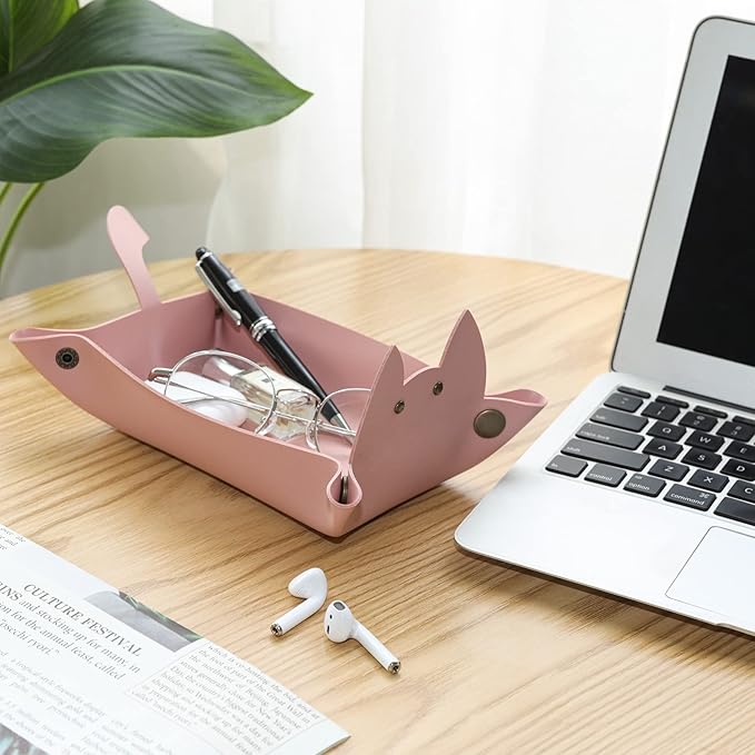 Cute Cat Shaped Leather Valet Tray,Cat Dice Tray,Premium Catchall Jewelry Tray, Folding Portable Travel Organizer,Decorative Desk Organizer for RPG Game Players, (Pink)