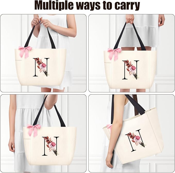 Vavabox Tote Bag, A-Z Initial Monogrammed Waterproof Tote Bag, Bridesmaid Gifts for Women, Black and Pink