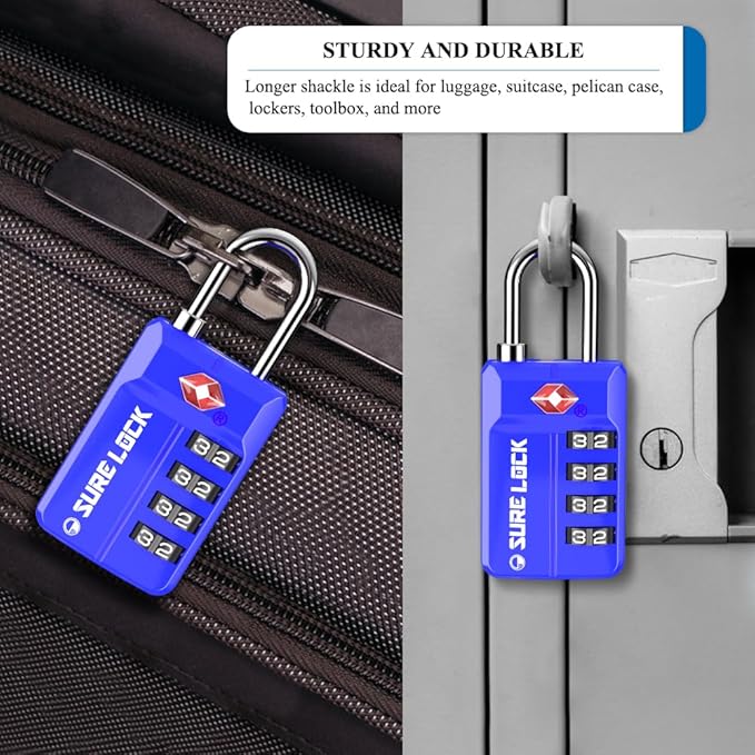 SURE LOCK TSA Approved 4-Digit Resettable Combination Luggage Locks with Open Alert, Easy-Read Dials - for Luggage, School Lockers, Gym, Office, Toolbox & Security Cases(Blue 2 Pack)