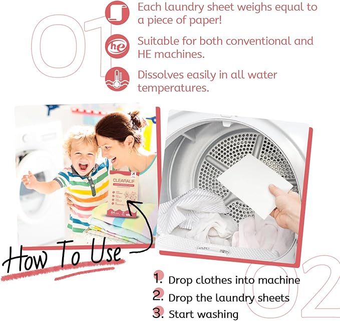 CLEARALIF Laundry Detergent Sheets, Magnolia, 64 Load, CLEARALIF Laundry Detergent Strips Eco Friendly & Hypoallergenic