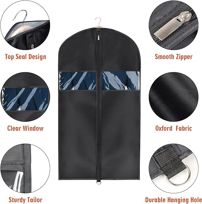 Univivi 8 Pack Suit Bags 43" Waterproof Black Garment Bag, Coat Covers from Dust with Zipper and Transparent Window, for Hanging Clothes, all coats, suits, women shirts, tuxedos, uniforms, winter