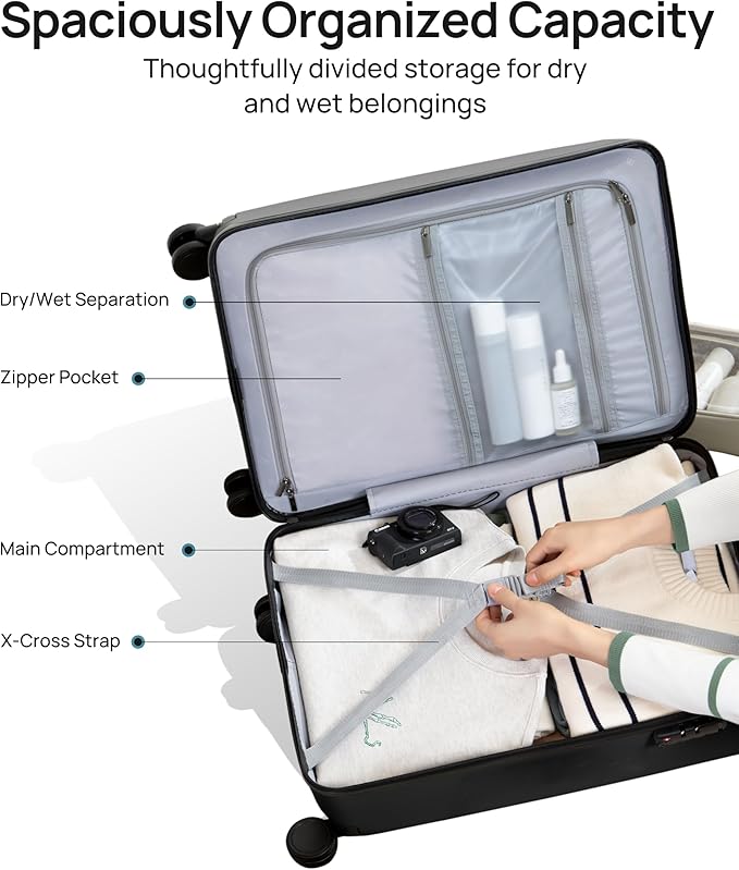 Carry On Suitcase, 20 Inch Carry-On Luggage with Double Spinner Wheels, Dry Wet Separate Design, PC Hard Case Suitcase, Lightweight Travel Luggage, TSA Approved (Black, Danube)