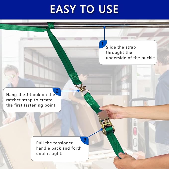 Ratchet Straps (4-Pack), 1 Inch x 16.4 Feet (2200lb Break Strength) with Sturdy Metal Hooks, 1x Work Gloves, Heavy Duty Tie Down Straps for Truck, Cargo Trailer, Motorcycle, Luggage, Moving (Green)