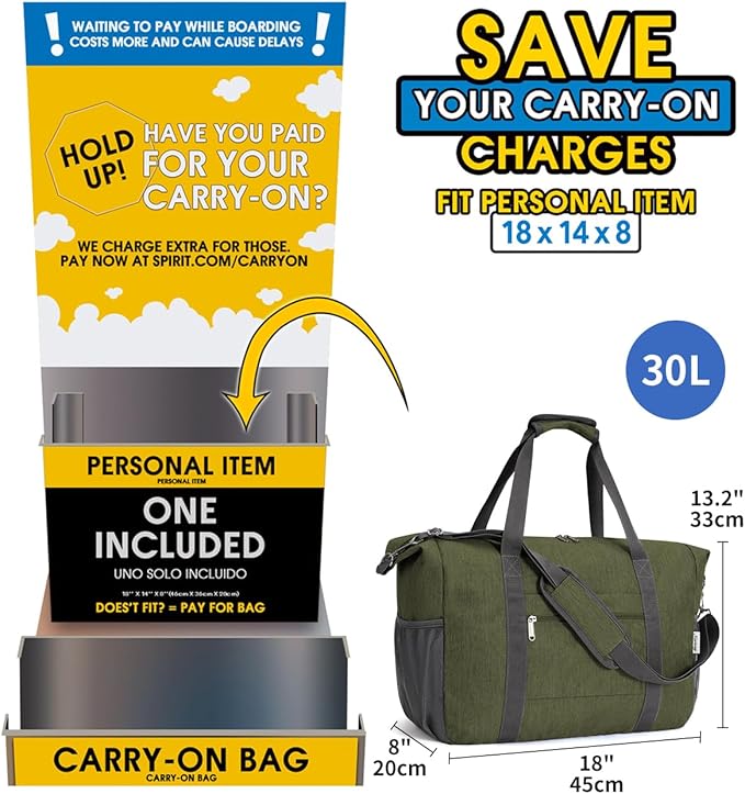Narwey 18x14x8 Inches Travel Bag Spirit Airlines Frontier Personal Item Bag, Travel Duffel With Wet Pocket Carry on Bag for Airplane Underseat Duffle Overnight for Women and Men (Army Green)