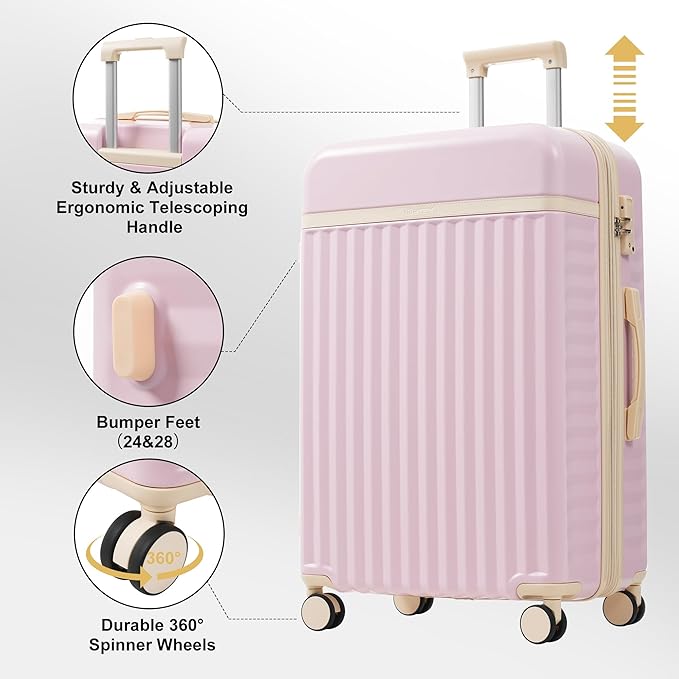 Merax Luggage Sets, Durable Hardshell 3 Piece Suitcase with Double Spinner Wheels and Handle Bags,Lightweight Carry on Luggage with TSA Lock,20+24+28 inches,Pink