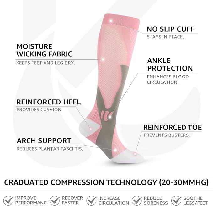 Kickticks 4 Pairs Compression Socks for Woman & Man Unisex 20-30mmHg Knee high Plus Size Wide Calves for Flying Running…