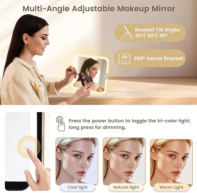 Makeup Train Case with Magnetic LED Mirror Makeup Organizer Box Travel Cosmetic Case with 3 Colors LED Mirror Portable Vanity Make up Suitcase with Lockable Keys Dividers Brush Holder, Silver