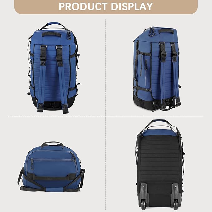 CONTAIL 86L Foldable Wheeled Duffel Backpack with Padded Quilted Bottom,Waterproof Travel Duffle Bag with Extended Handles,Navy