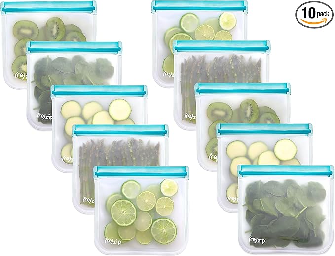 (re) zip 10-Pack Reusable Sandwich Lunch Bags | BPA-Free, Food Grade, Leakproof, Freezer Safe, Dishwasher Safe, Travel Friendly | 3.5 Cup / 28-Ounce | Aqua