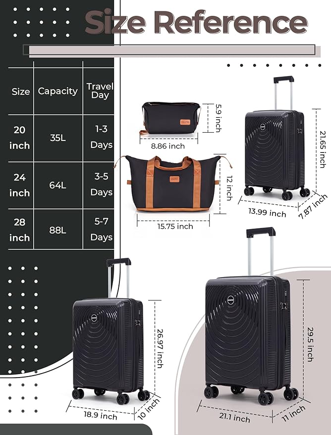 Luggage Sets 5 Piece, Suitcases with Wheels, Hardshell Suitcase Set, PP Carry on Luggage Set with TSA Lock, Travel Luggage