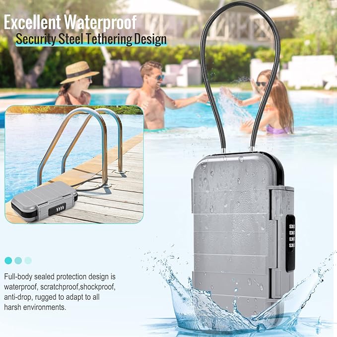 HUANLANG Portable Safe Lock Box with Combination Lock Mini Beach Travel Safe Waterproof Small Lockable Box with Removable Wire Rope Combination Safe Box for Dorm,Travel,Beach,Hotel,Car,Home,Office