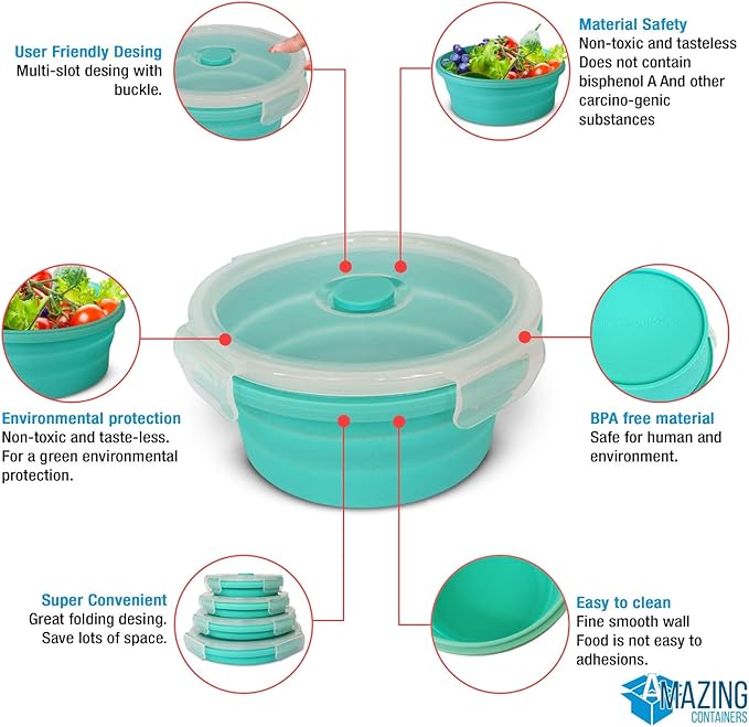 Collapsible Bowls for Camping, Set of 4 Silicone Food Storage Containers with Lids, Rv storage and organization, Rv Kitchen Accessories, BPA Free, Microwavable, Freezer, Dishwasher Safe