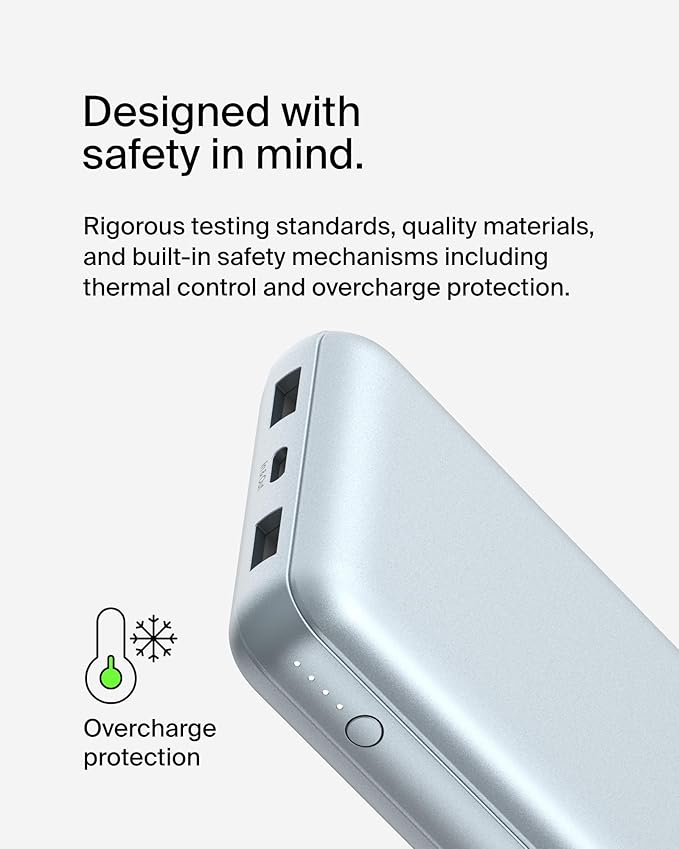 Belkin Portable Charger, USB-C Power Bank 20000 mAh w/ 2 USB-A Ports, 15W w/Type-A to Type-C Cable for iPhone 16, Samsung Galaxy S25, iPad, Nintendo Switch 2, Google Pixel 10, etc. - Pearl Blue